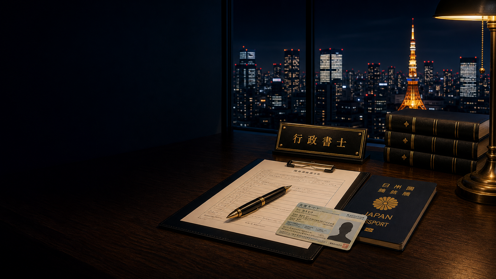 东京夜景中的签证申请资料与行政书士桌面